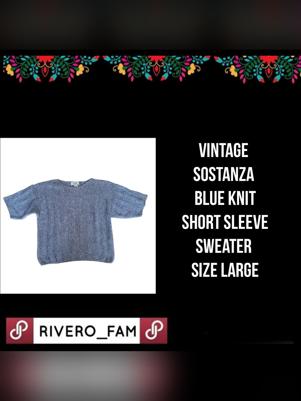 VINTAGE | SOSTANZA | BLUE KNIT SHORT SLEEVE SWEATER |  SIZE LARGE